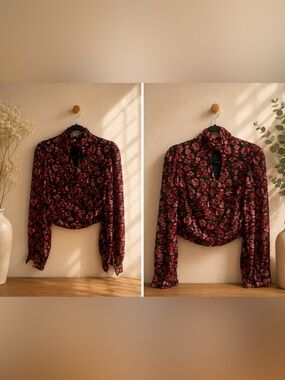 Floral Keyhole Long-Sleeve Crop Top - Black & Red